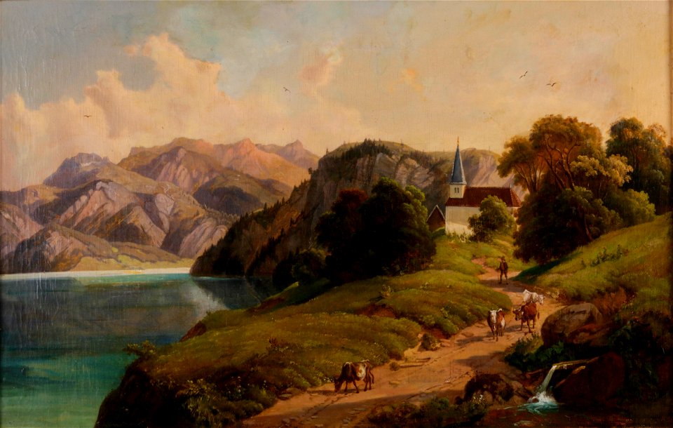 Seelandschaft mit Kühen und Hirten
