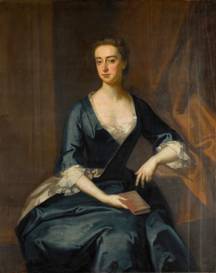 PORTRAIT OF MISS JONES HOLDING A BOOK, THREE-QUARTER-LENGTH, IN A BLUE DRESS 