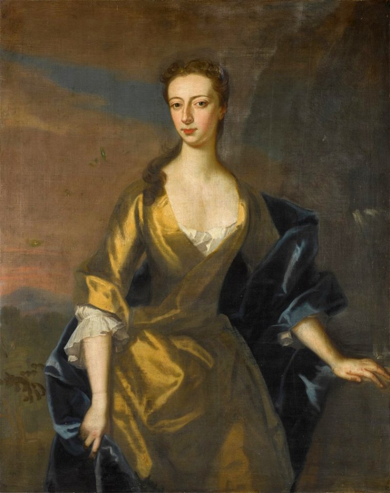 PORTRAIT OF MISS JONES, THREE-QUARTER-LENGTH, IN A YELLOW DRESS 