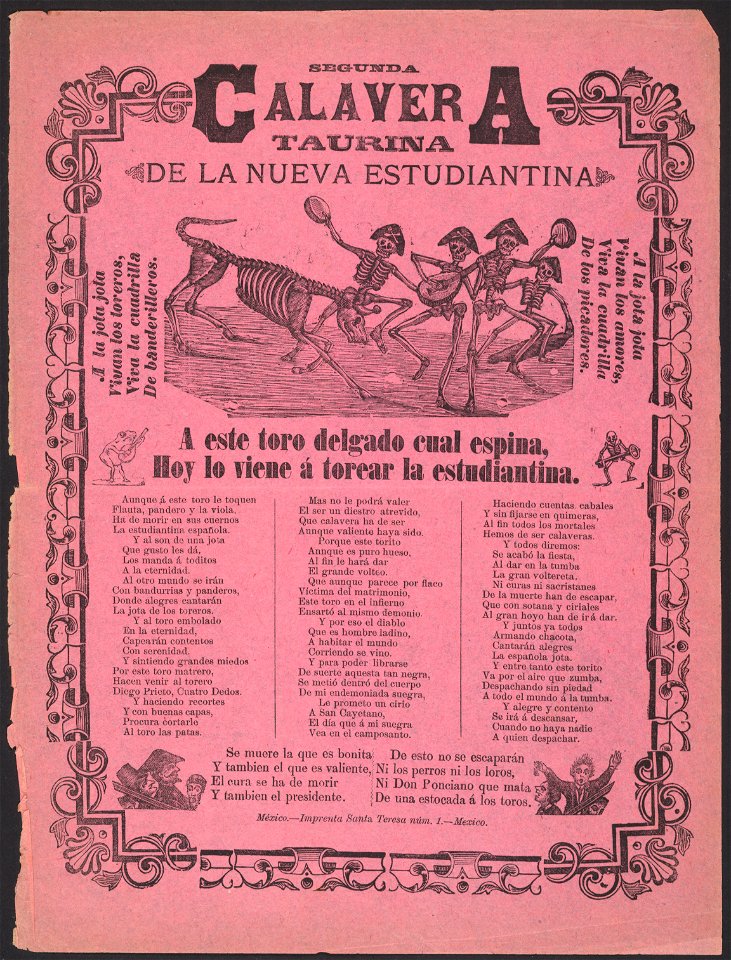 Segunda calavera taurina de la nueva estudiantina. A este toro delgado cual espina, hoy lo viene a torear la estudiantina LCCN99615913