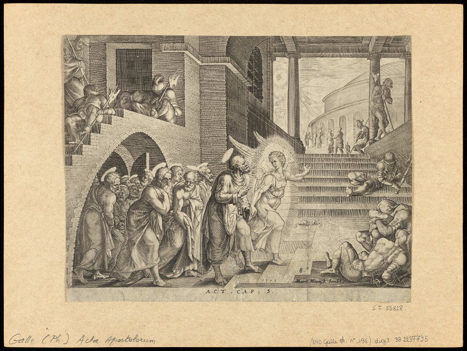 The Angel Delivering The Apostles out of Prison 1575 print by Maarten van Heemskerck, S.I 55828, Prints Department, Royal Library of Belgium