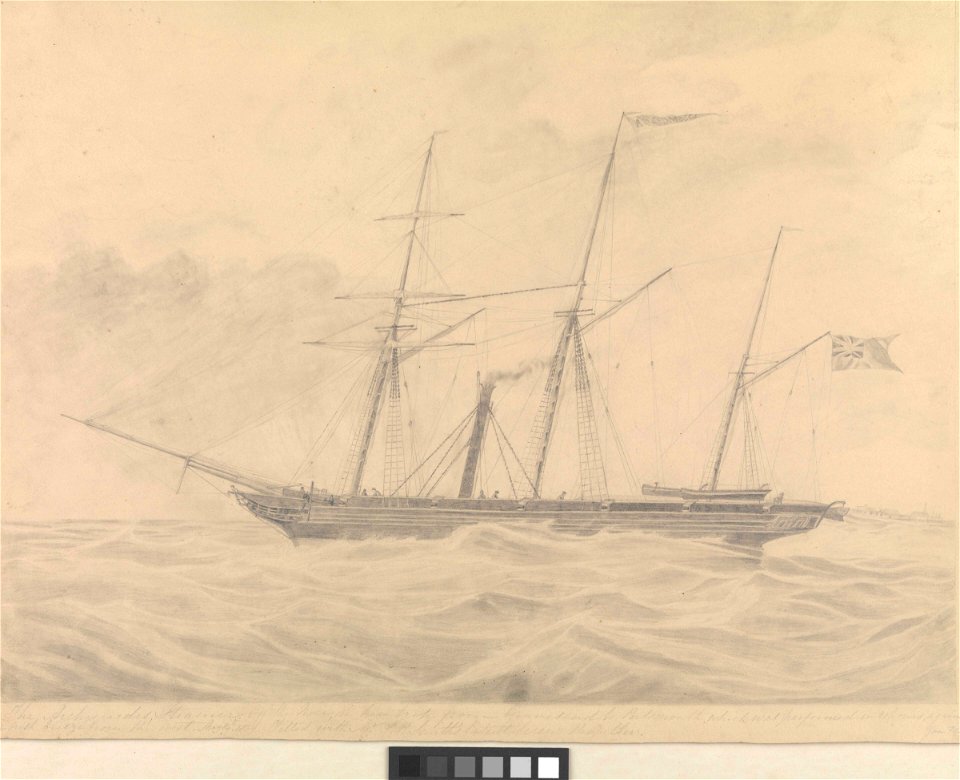 The Archimedes, steamer off the Nore, on her trip from Gravesend to Portsmouth which was performed in 21 hours against a fresh breeze from the West May 14 1839. Fitted with Mr F P Smith's Patent Screw Propeller RMG PY0212