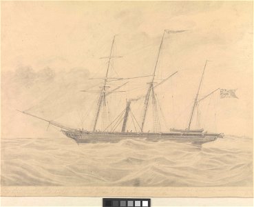 The Archimedes, steamer off the Nore, on her trip from Gravesend to Portsmouth which was performed in 21 hours against a fresh breeze from the West May 14 1839. Fitted with Mr F P Smith's Patent Screw Propeller RMG PY0212. Free illustration for personal and commercial use.