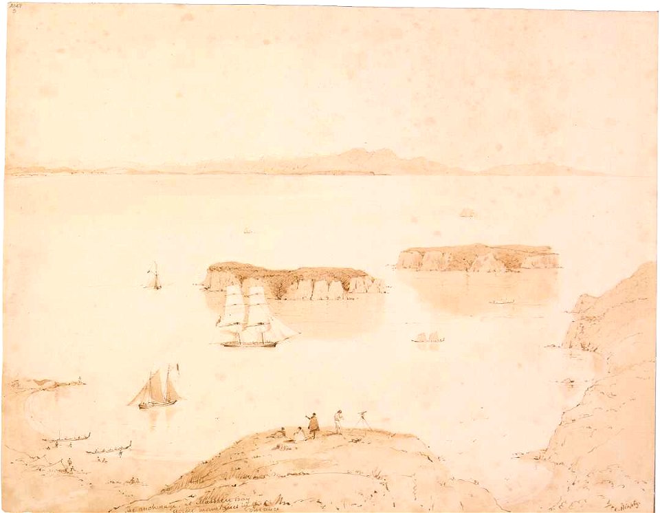 The anchorage at Massacre Bay. Aorere mountains in the distance