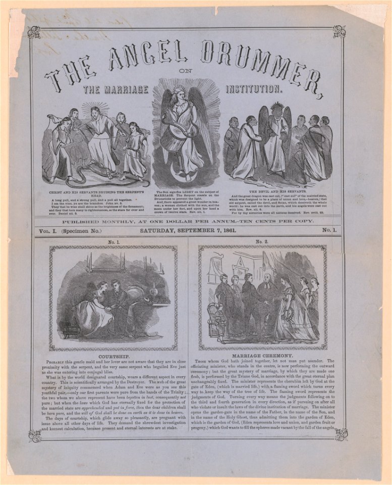 The angel drummer on the marriage institution. Vol. 1 (specimen no.) no. 1 Saturday, September 7, 1861 LCCN2003691142