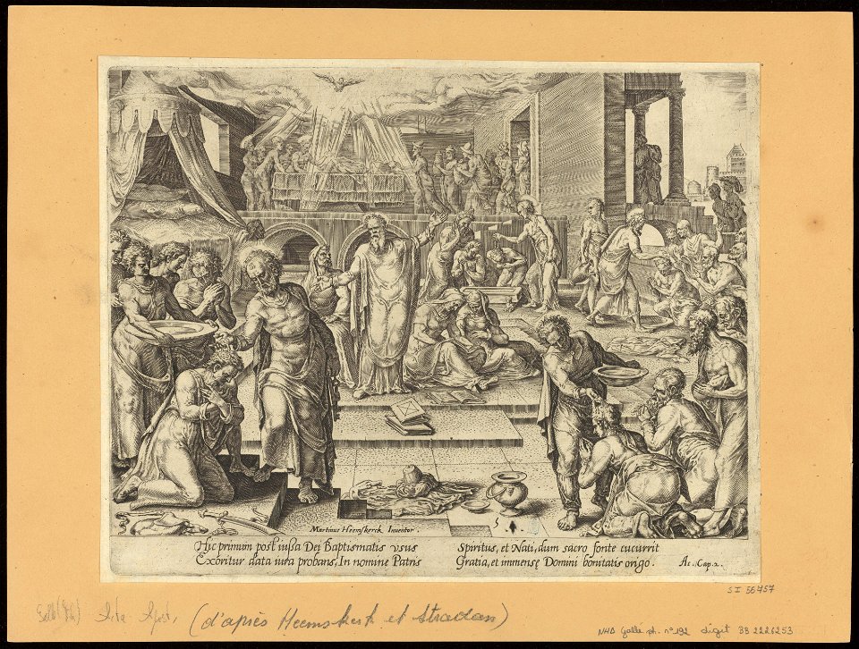 The Apostles Baptizing in Jerusalem 1575 print by Maarten van Heemskerck, S.I 55757, Prints Department, Royal Library of Belgium