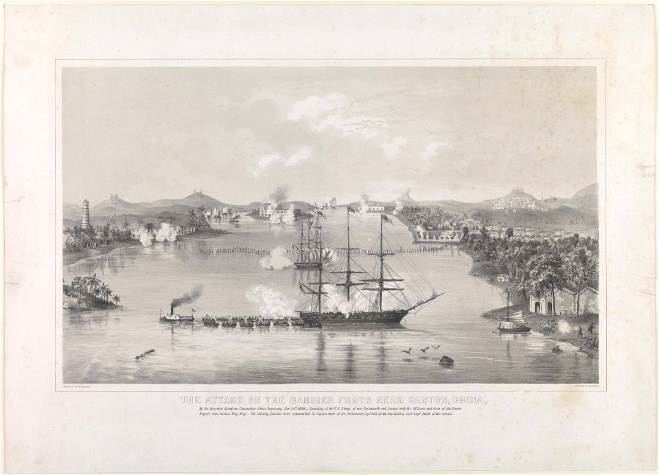 The Attack on the Barrier Forts Near Canton, China by the American Squadron - Nov 21st 1856 - consisting of the US Sloops of War Portsmouth and Levant with the Officers and Crew of the Steam Frigate San Jacinto RMG PY8277