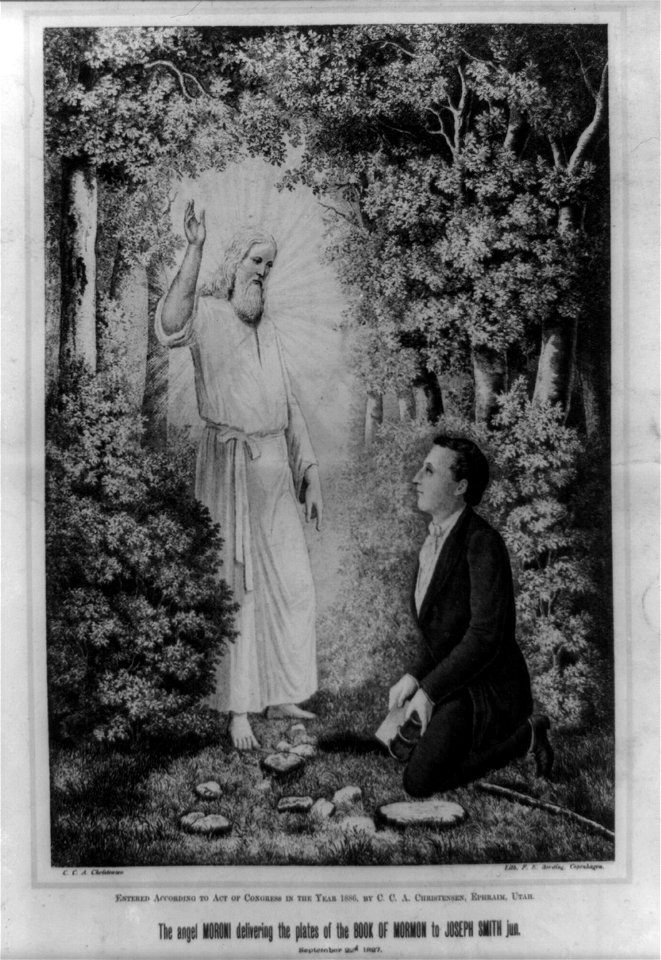 The angel Moroni delivering the plates of the Book of Mormon to Joseph Smith jun LCCN2003680615