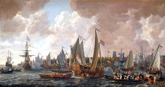 The arrival of King Charles II of England in Rotterdam, may 24 1660 (Lieve Pietersz. Verschuier, 1665). Free illustration for personal and commercial use.