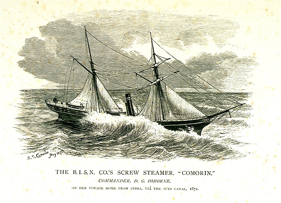 The B.I.S.N. Co.'s screw steamer Comorin, commander, D.G.Osborne, on her voyage home from India via the Suez Canal, 1871 RMG PU6770
