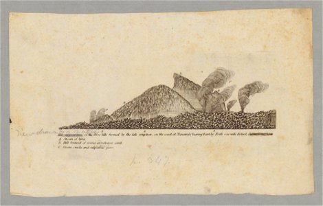The Appearance of the Three Hills formed by the late eruption, on the coast at Nanawale bearing East by north one mile distant, 1840 (2)