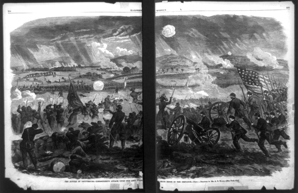 The battle of Gettysburg-Longstreet's attack upon our left centre-Blue Ridge in the distance - from a drawing by A.R. Waud. LCCN90707482
