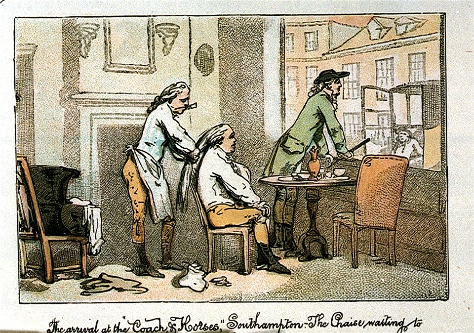 The arrival at the ' Coach and Horses', Southampton - The Chaise waiting to carry us to Lymington (caricature) RMG PW4940