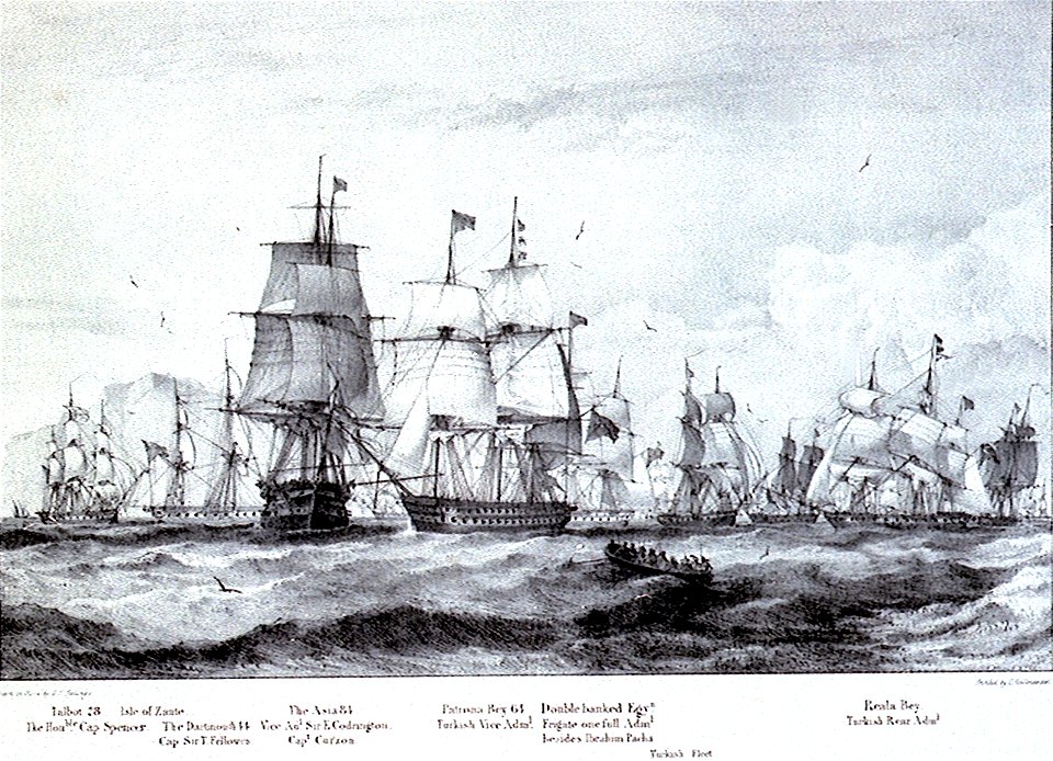 The Asia, and Patrona Bey's ship, Turkish Fleet, in close contact, surrounded by other vessels 1-6 Oct 1827 PW4829