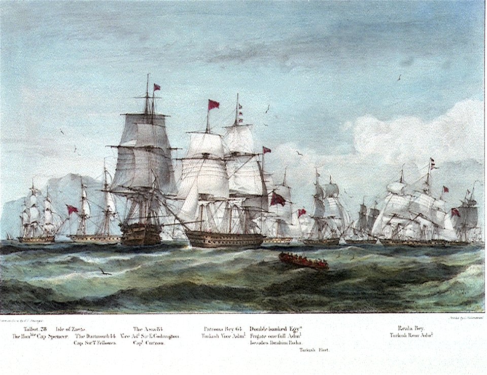 The Asia, and the Patrona Bey's ship, Turkish Fleet, in close contact, surrounded by other vessels, 1-6 Oct 1827 PW4845