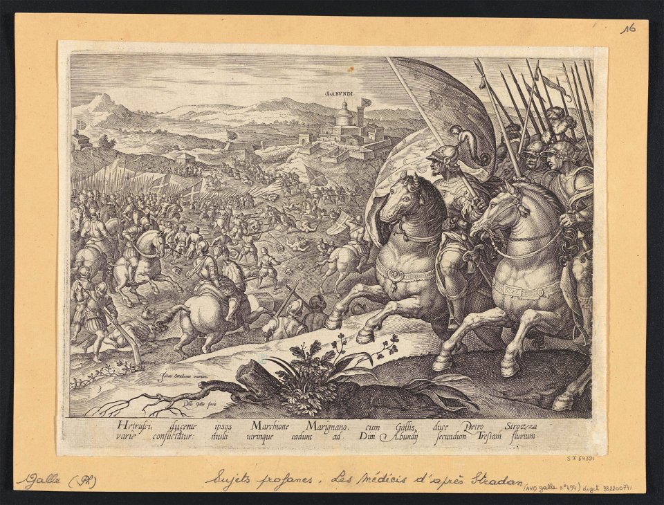 The Battle of Labadia Di Sena and St Abonda ca.1582 print by Stradanus, S.I 54391, Prints Department, Royal Library of Belgium