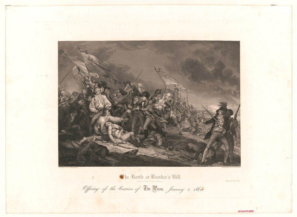 The battle at Bunker's Hill - the path to liberty is bloody (Franklin) - painted by Col. Trumbull ; engraved by J.N. Gimbrede. LCCN2004672438