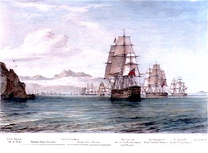 The Asia, the Dartmouth and the Talbot becalmed off the Isle of Zante, 1-6 Oct 1827 PW4844