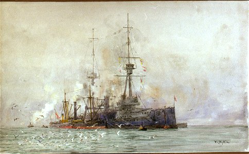 The battleship, HMS 'Neptune', at moorings taking on coal RMG PW1827. Free illustration for personal and commercial use.