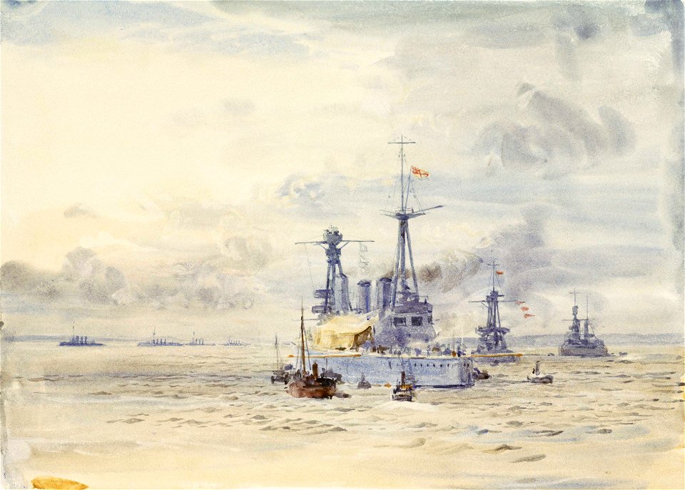 The battlecruisers 'Australia' and 'New Zealand', one with booms extended to receive visitors, possibly at Scapa Flow RMG PV0026