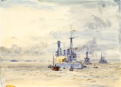 The battlecruisers 'Australia' and 'New Zealand', one with booms extended to receive visitors, possibly at Scapa Flow RMG PV0026