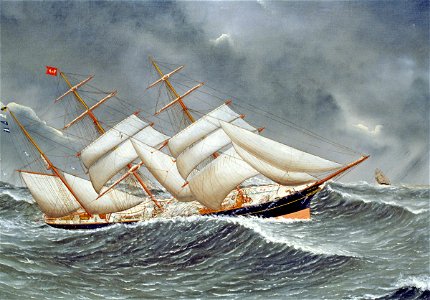 The barque ‘Camphill’ in a rough sea RMG BHC3769. Free illustration for personal and commercial use.