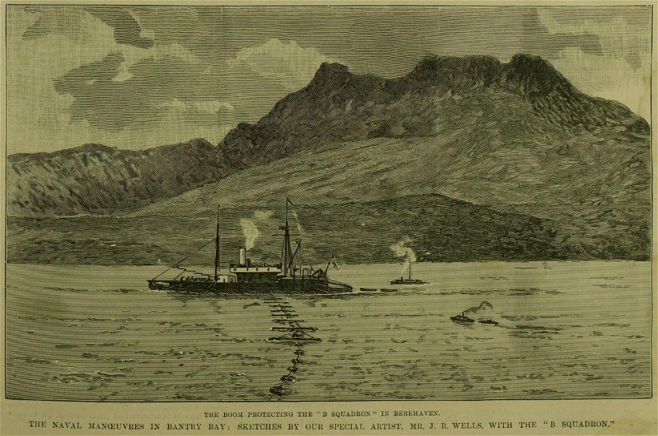 The Boom protecting the 'B' Squadron in Berehaven, Bantry Bay - ILN 1888