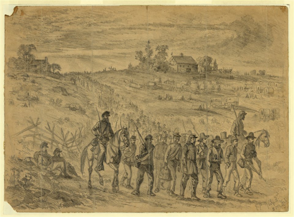 The battle of Gettysburg-Prisoners belonging to Gen. Longstreet's Corps captured by Union troops, marching to the rear under guard - E.F. LCCN2004661815