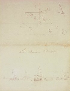 The Battle of Trafalgar, 21 October 1805; sketch and plan for a painting of the dismasted 'Victory', for Lord Barham RMG PW5870