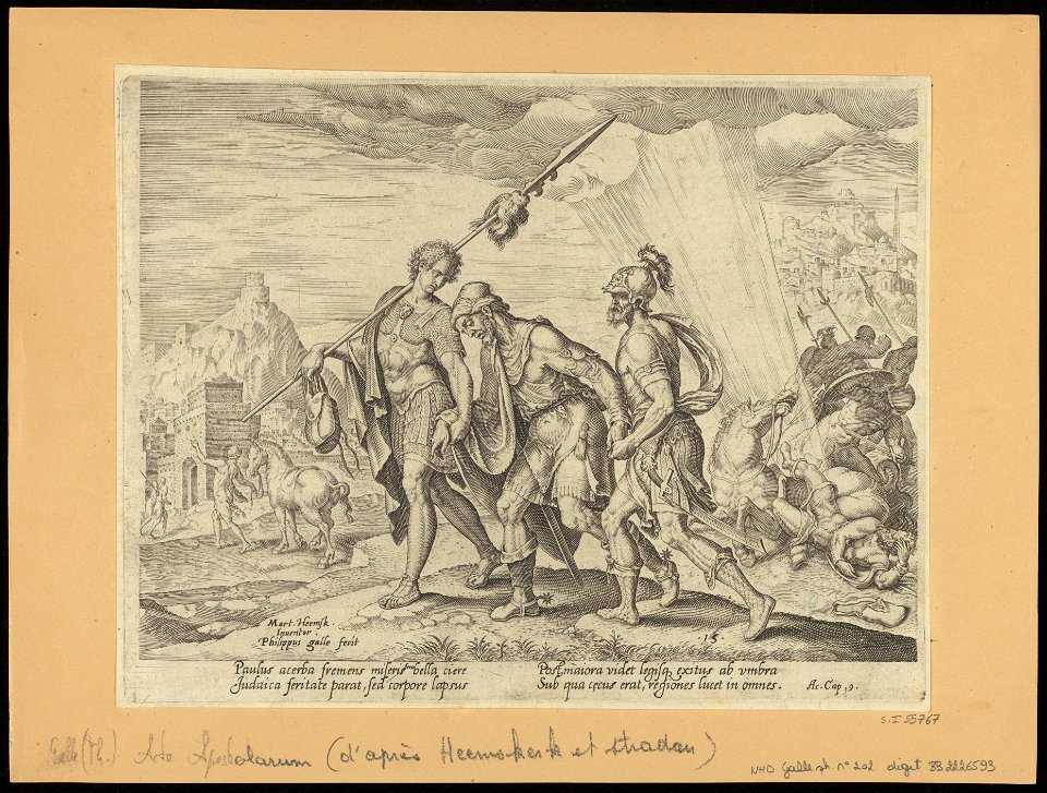 The Blind Saul Led to Damascus 1575 print by Maarten van Heemskerck, S.I 55767, Prints Department, Royal Library of Belgium