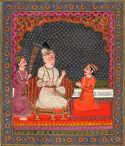 The blind king Dhrtarastra listens as the visionary narrator Sanjaya relates the events of the battle between the Kaurava and the Pandava clans
