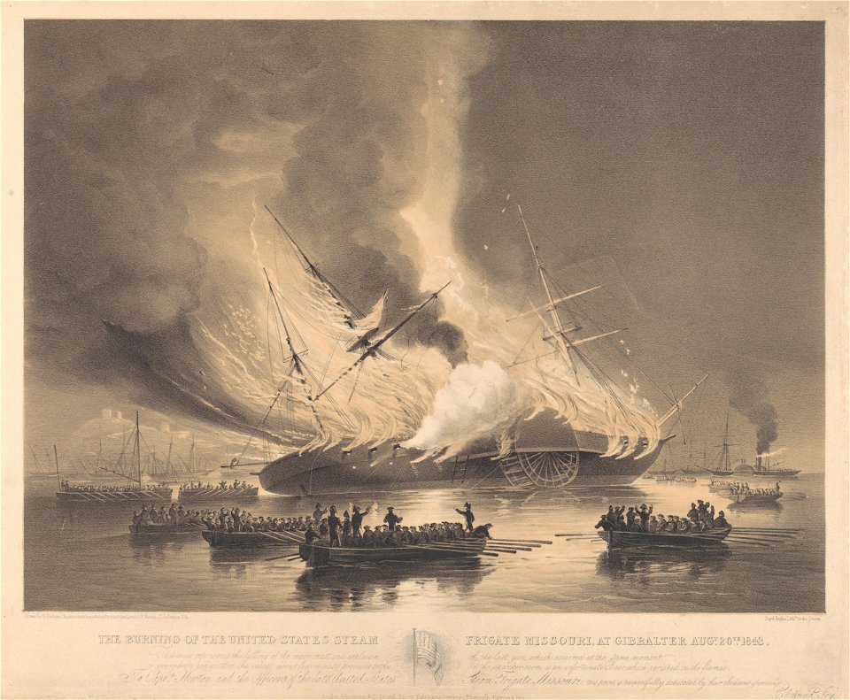The Burning of the United States steam frigate Missouri at Gibraltar Augt 26th 1843 - falling of the mainmast and explosion of the last gun - everybody had quitted the vessel RMG PY0897