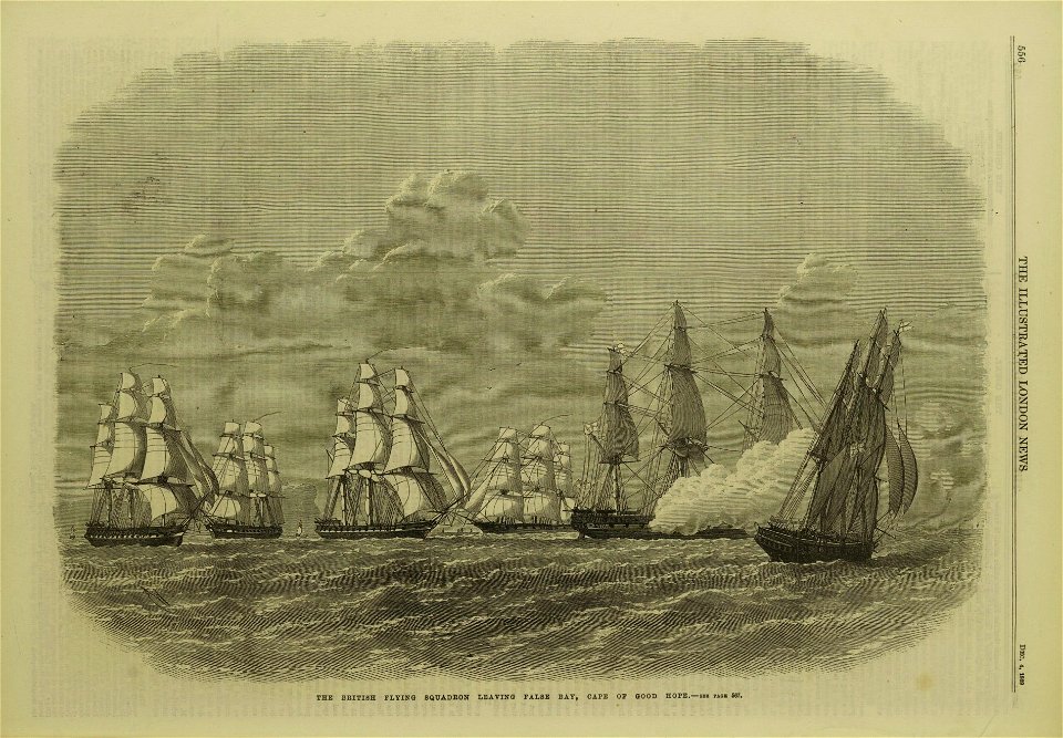 The British Flying Squadron leaving False Bay, Cape of Good Hope - ILN 1869. Free illustration for personal and commercial use.