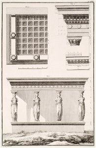 The Caryatides, Erechtheion- 1 South view 2 Entablature at the corner 3 Crepidoma and base of the column 4 Bottom view o - Le Roy Julien David - 1770