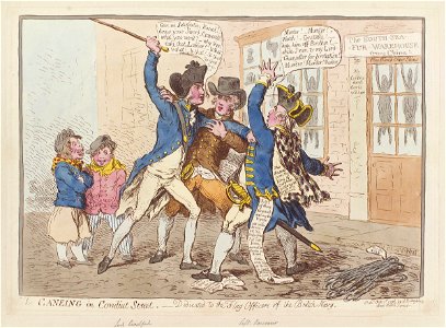 The caneing in Conduit Street' (Thomas Pitt, 2nd Baron Camelford; George Vancouver) by James Gillray