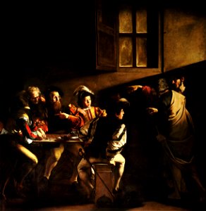 The Calling of Saint Matthew-Caravaggo (1599-1600). Free illustration for personal and commercial use.