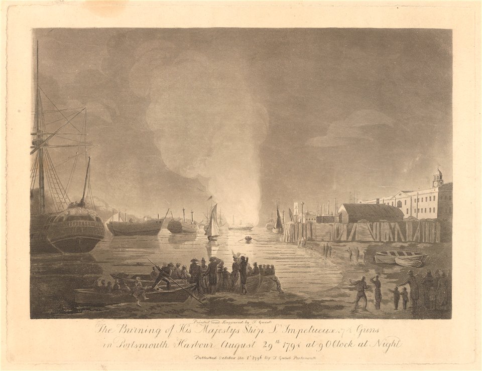 The Burning of His Majesty's Ship L' Impetueux, 71 Guns in Portsmouth Harbour August 29th 1794 at 9 o'Clock at Night RMG PY0756