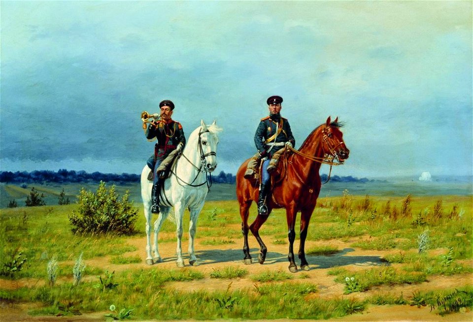 The Captain and the Trumpet Major of the Guards Horse Artillery on the Firing Range by Narkiz Bunin (1892)