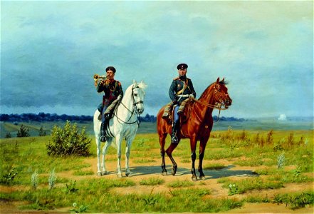 The Captain and the Trumpet Major of the Guards Horse Artillery on the Firing Range by Narkiz Bunin (1892)