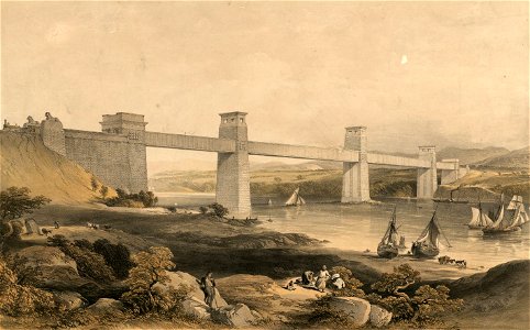 The Britannia Tubular Bridge over the Menai Straits. Robert Stephenson engineer. Free illustration for personal and commercial use.