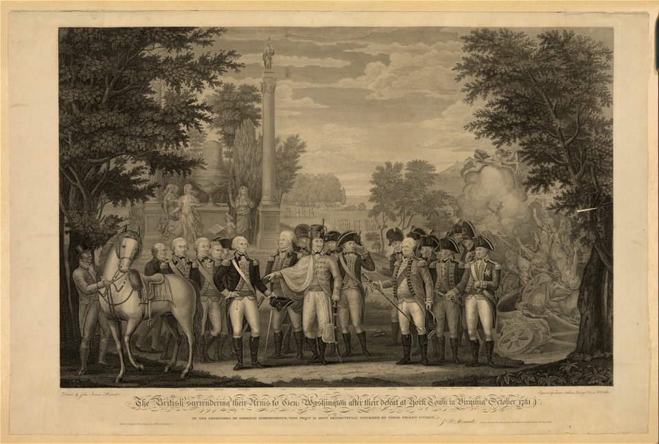 The British surrendering their arms to Gen. Washington after their defeat at YorkTown in Virginia October 1781 - drawn by John Francis Renault ; engraved by Tanner, Vallance, Kearny & Co. LCCN2006678624