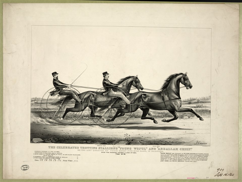 The celebrated trotting Stallions Young Woful and Abdallah Chief- On the last quarter of their great five mile race, in Harness. Over the Fashion Course, L.I. Nov. 4th 1865. Time- 13-53 LCCN90715702