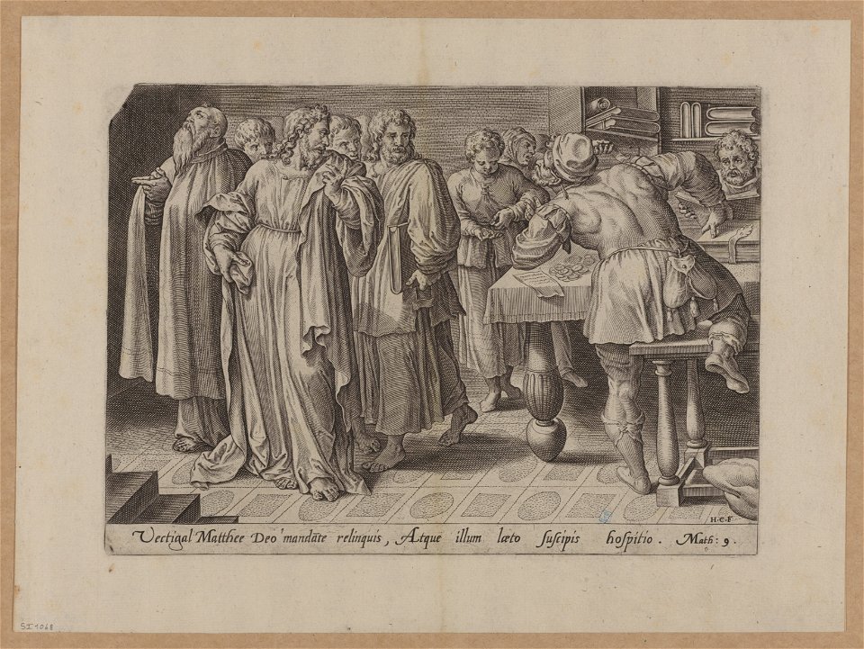 The calling of Matthew 1585 print by Ambrosius Francken I, S.I 1068, Prints Department, Royal Library of Belgium