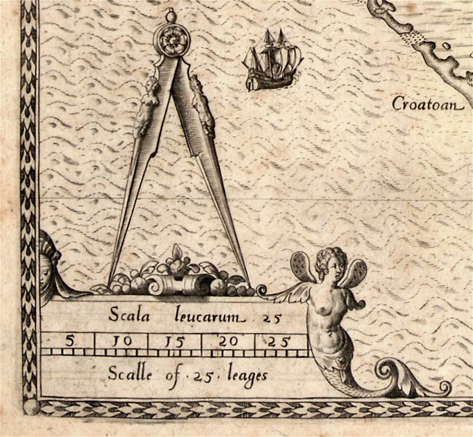 The Carte of all the Coast of Virginia by Theodor de Bry - bottom left corner detail