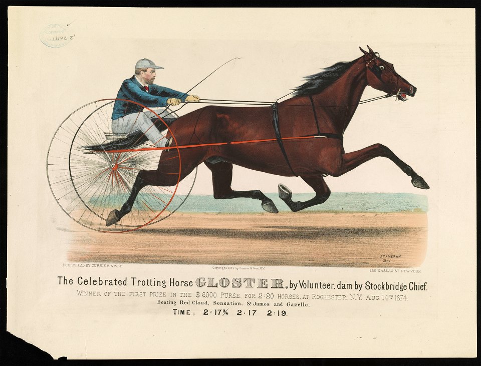 The celebrated trotting horse Gloster by volunteer, dam by Stockbridge Chief- Winner of the first prize in the $6,000 purse, for 2-20 horses, at Rochester, N.Y. Aug. 14th 1874 LCCN90714376