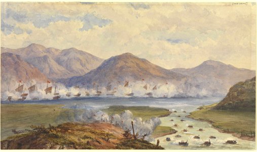 The China War 1857. Junk fleet against mountainous background. Boats pulling in river at right RMG PW0599
