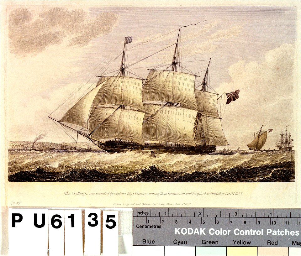 The Challenger commanded by Captain FitzClarence, sailing from Portsmouth with Dispatches for Lisbon, Oct 31. 1827 RMG PU6135