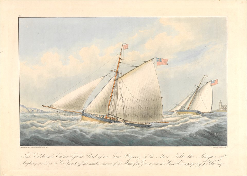 The Celebrated Cutter Yacht Pearl of 113 Tons. Property of the Most Noble the Marquis of Anglesey, working to Windward off the Needles Winner of the Match of 800 Guineas with the Harrow Cutter - RMG PY8621
