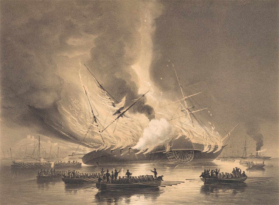 The Burning of the United States steam frigate Missouri at Gibraltar Augt 26th 1843 - falling of the mainmast and explosion of the last gun - everybody had quitted the vessel RMG PY0897 (cropped)