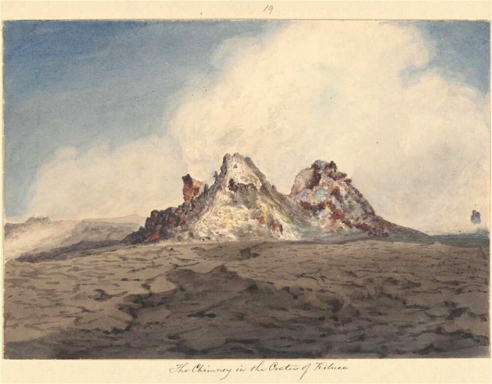 The chimney in the crater of Kiluea, a jet in the crater of Kiluea, 1855, watercolour by James Gay Sawkins